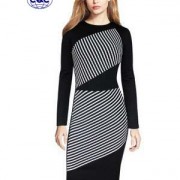 高爾夫GOLF条纹撞色圆领长袖铅笔裙